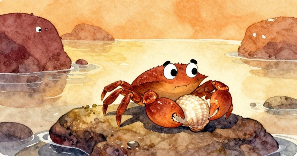 從低角度看Crabby努力拉動貝殼，濕潤石面上水光閃爍，曙光映照下神情堅定，展現勇敢奮鬥。