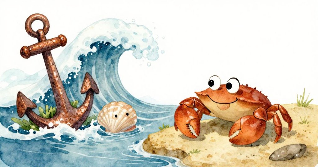 Crabby在新波浪中短暫停留，背靠綠苔錨閃耀金屬光澤，水光倒影交織，神情凝重，場景轉變明顯。