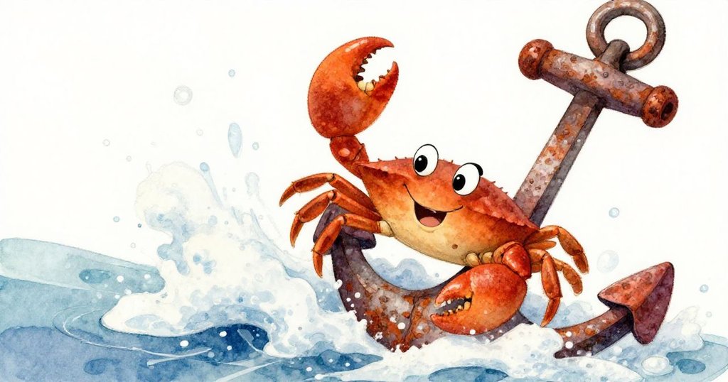 Crabby迅速沿著粗糙錨面奔馳，海浪泡沫追逐四散，神情急迫與專注，冒險情節充滿緊張氛圍。