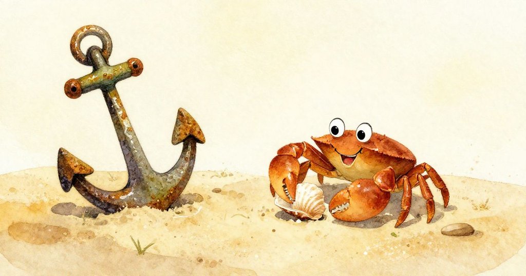 Crabby將貝殼穩放在乾燥沙面旁，柔和微風輕拂，錨旁閃耀著金屬光澤，神情滿足平靜，故事完美收尾。