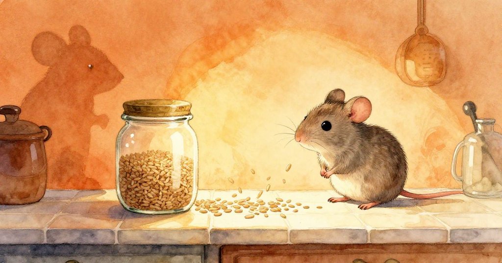 小米在明亮瓷磚櫃檯後偷偷移動，旁有米粒滑動，他眼神警覺且充滿好奇。