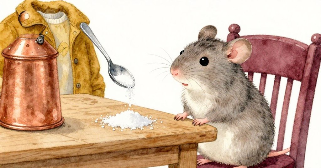 小米靜觀糖流被金屬湯匙巧妙改向，暖光下羊毛外套袖上糖霧飛舞，情境漸進變化。