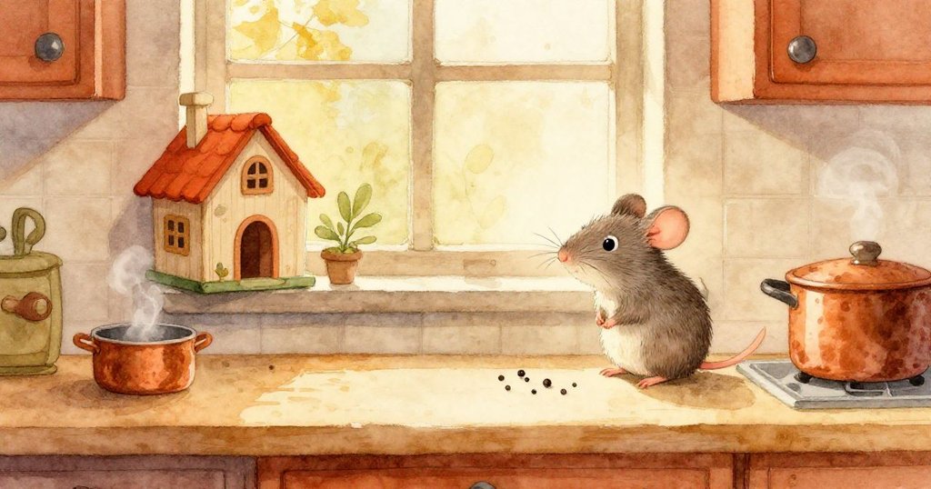 小米滿意地望著整個櫃檯，窗邊玩具小屋、冒蒸氣的鍋與散落胡椒顆粒，情境寧靜又溫馨。