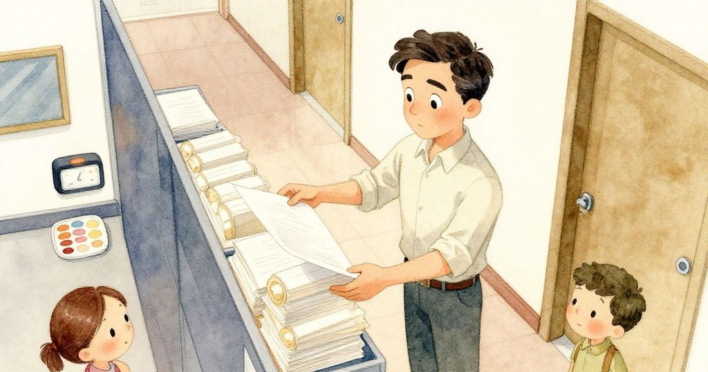 Reed在辦公室走廊裡拿取新紙,頭上計時器閃爍,動作果斷,環境整潔,呈現開始的忙碌氛圍。