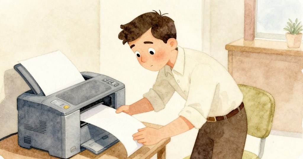 Reed俯視打開的打印機,輕拍卡紙,神情專注且略帶憂慮,顯露辦公環境細節。