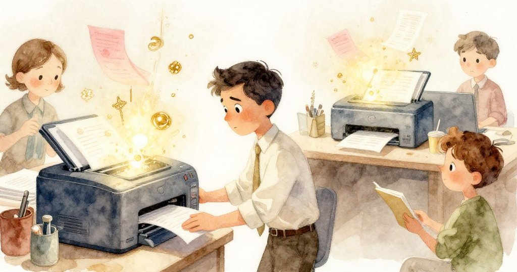 Reed站在現實與想像交錯間,一邊是卡紙打印機,一邊幻想紙張飛舞,表情既憂慮亦充滿奇思。