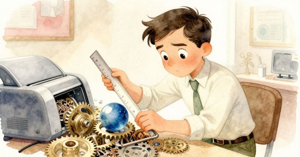 Reed細心運用塑料尺,將藍色彈珠從打印機齒輪中撥出,臉上露出鬆了一口氣的欣喜神情。