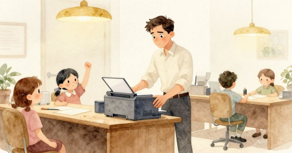 Reed站在運作正常的打印機旁,觀察著最後一張整齊輸出的紙張,辦公室寧靜舒心,呈現圓滿結局。