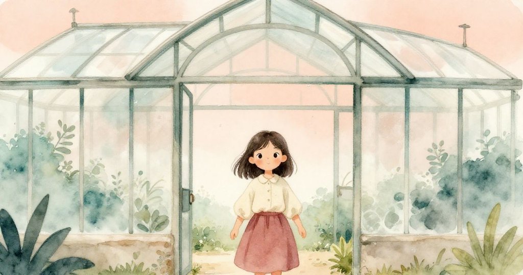 Opal踏入綠意溢彩溫室，拱形玻璃上滴水閃爍，外面灰暗傍晚映襯出溫暖寧靜氣氛。