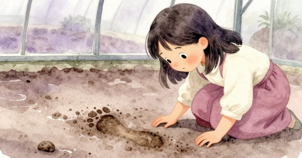 Opal仔細檢視溫室內泥濘足跡，濕潤泥土與水滴細節清晰展現，神情專注且充滿疑惑。