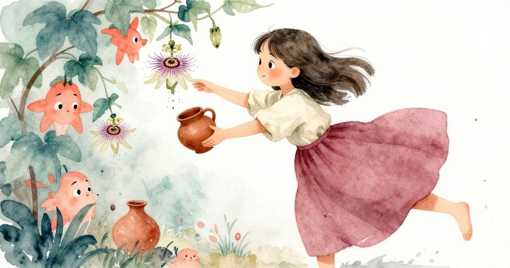 Opal在傾斜視角中調整陶盆，袖子濕潤偶觸垂掛情花，柔和光線中透露出動態與細膩情感。