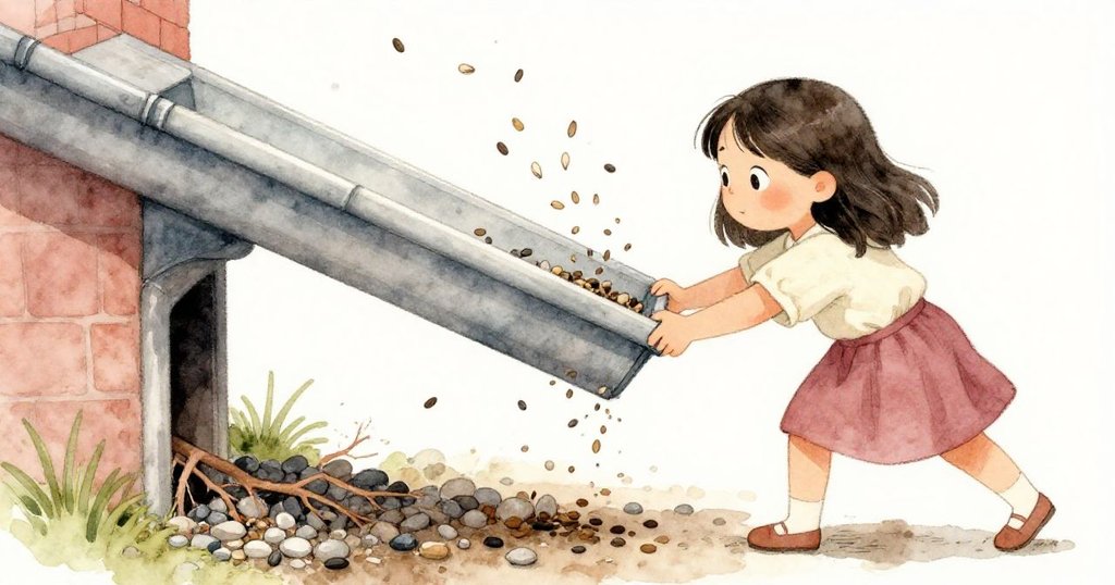 Opal側身推動滴水槽，一邊種子散落，一邊露出顆粒砂石及根部，畫面呈現因果交織的緊張與決心。