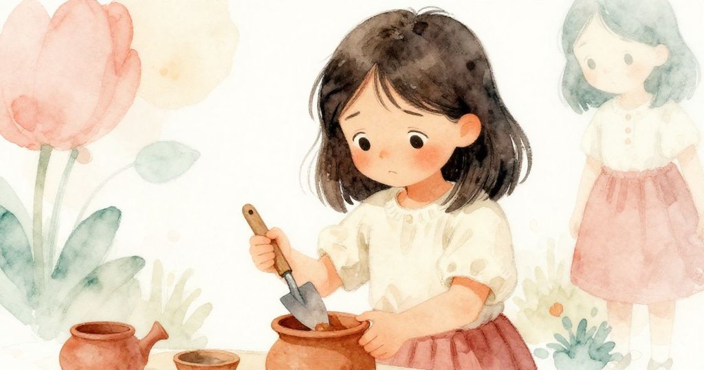 Opal用小鏟子穩固陶盆，臉上展露出決心與鬆一口氣表情，背景隱約見滴水靜流，充滿溫柔生機。