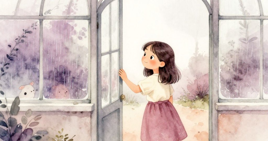 Opal在溫室門口輕觸冰涼玻璃，雨滴輕敲窗面，臉上流露溫柔告別與內心平靜。