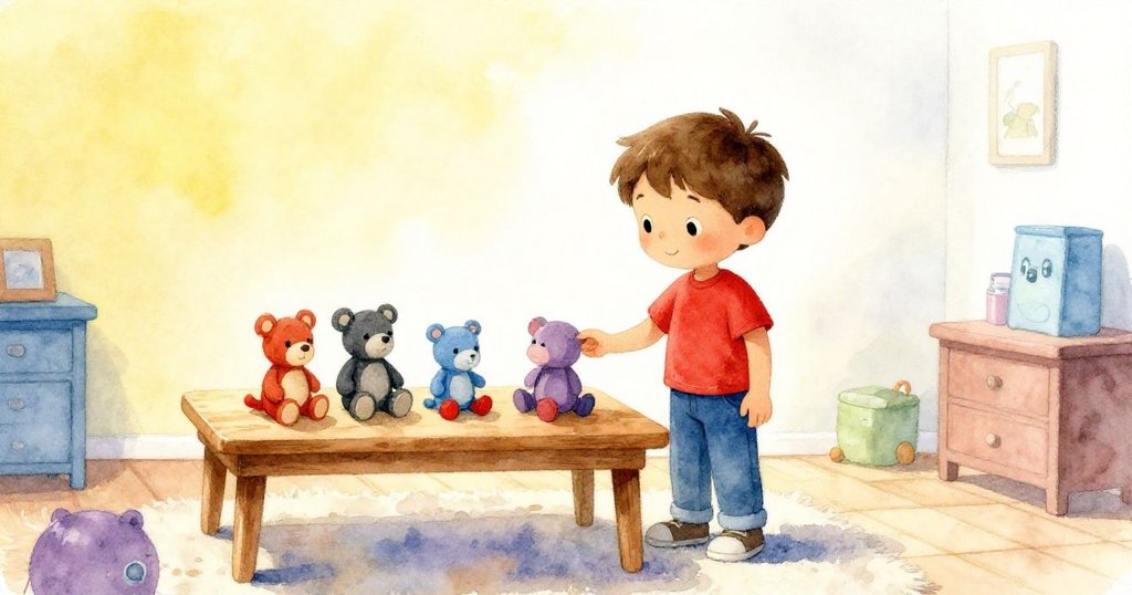 在晨曦中,Quinn站在溫馨房間木桌邊,桌上散落著四個原創玩具,光線柔和且充滿寧靜氣氛。