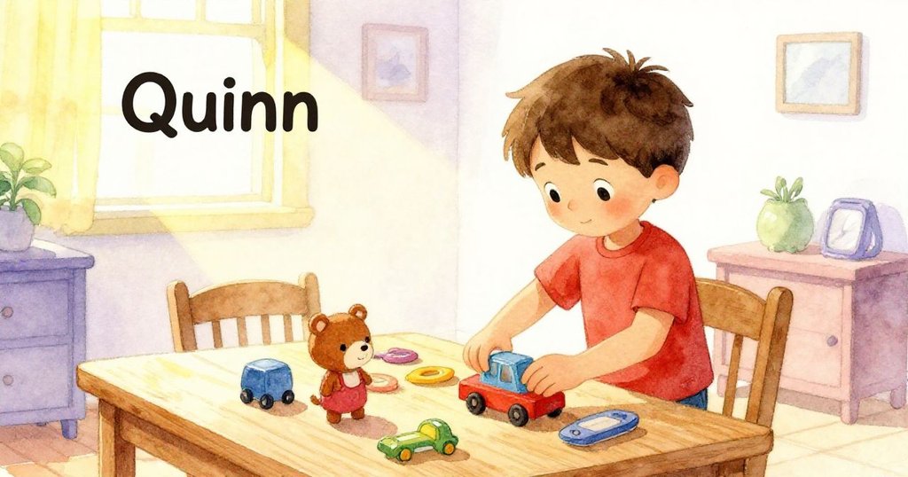 Quinn在桌旁依大小排列玩具,隨著光線變化從晨曦逐漸轉為明亮,展示了一天中時間的流轉。