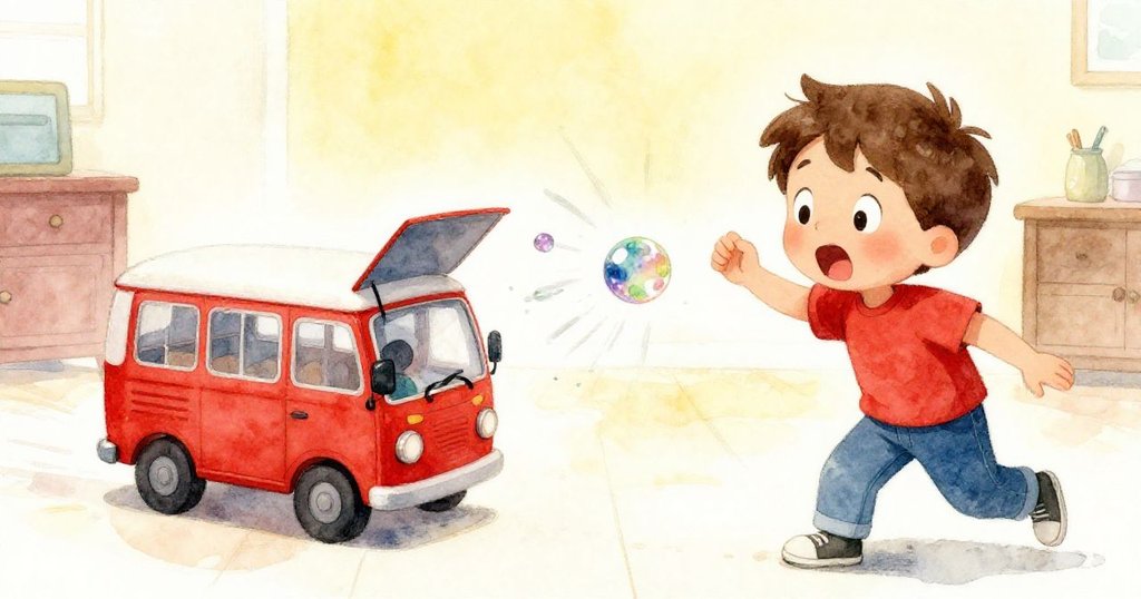 Quinn驚喜地看著小巴士側開,掉出閃亮彈珠,桌上玩具亂中有序,展現出動感與歡樂氛圍。