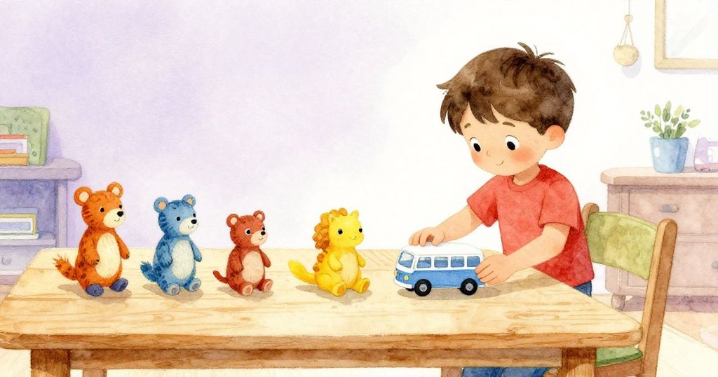 Quinn滿足地將小巴士歸位,桌上玩具整齊排列,室內暖光中呈現出圓滿與安寧的結局。