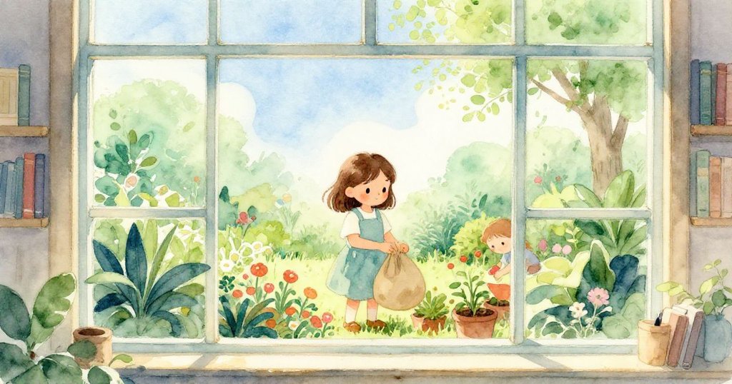 從圖書館的大窗戶裡望去，戴娜在花園中忙著播種，窗外與室內交相輝映，展現出平靜與生動的交融。