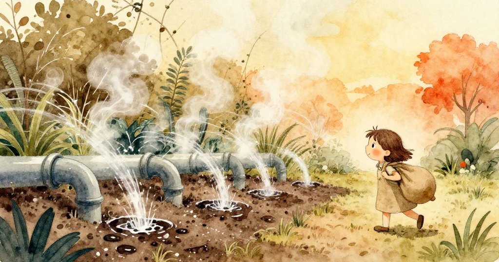 隨著時間流逝，隱藏的管道噴出水花將乾土變成黏濕黑土，細絲蒸氣在涼爽早晨空氣中輕輕升起，情景生動。