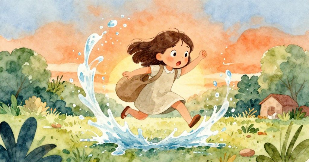 戴娜驚訝地後退，臉上流露出驚奇與堅毅，水花四濺的瞬間展現出動感與自然的活躍氣氛。