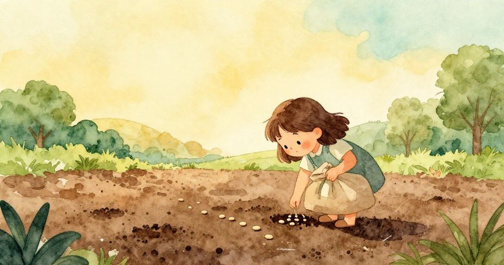 戴娜彎下身體將豆種埋入濕潤土壤，小心翼翼完成播種後朝向光明的地平線展現希望與新開始。