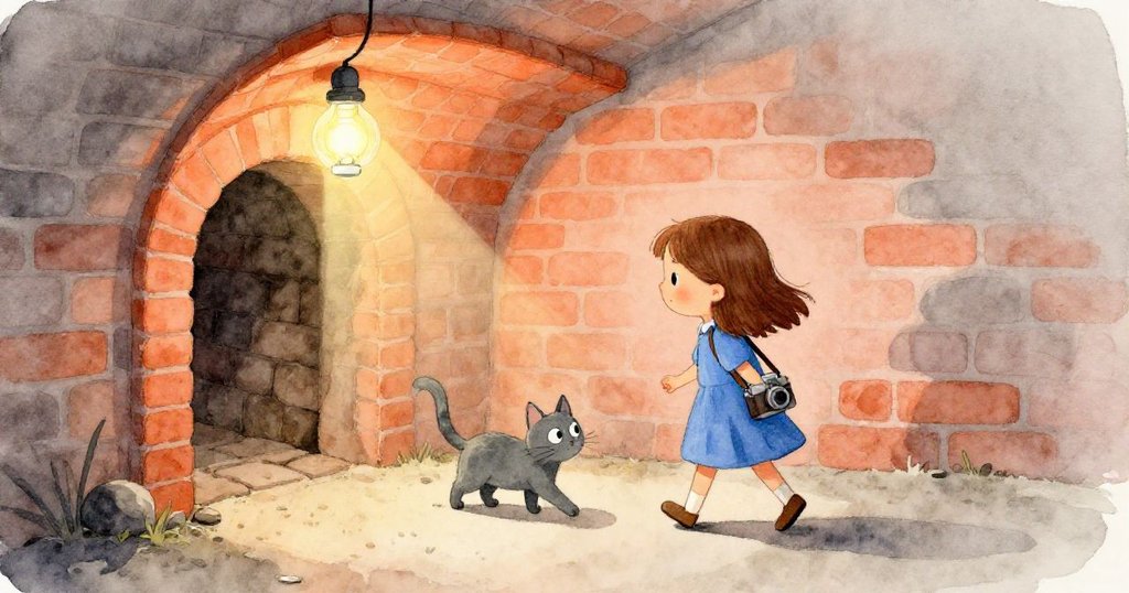 喬伊手持相機包,踏入橙光襯映的地下室階梯,身影與貓咪形成溫暖剪影,充滿期待與好奇。