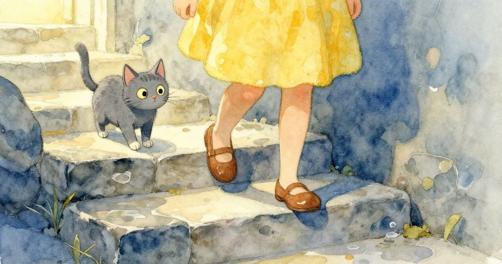 喬伊沿著潮濕石階前行,她輕巧的腳步留下溫暖足跡,地下室微光中充滿冒險與細膩觸感。