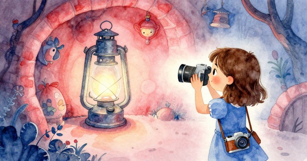 從喬伊背後視角看,她正專注調整相機捕捉老玻璃壺後的LED燈光,閃爍奇彩,充滿驚奇與期待。