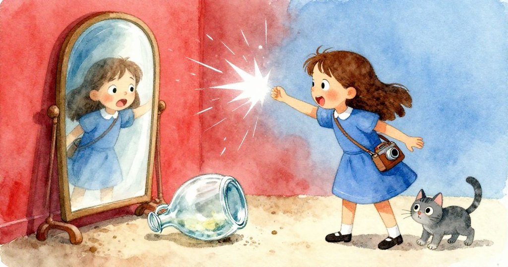 喬伊因鏡面突閃的白光驚慌失措,跌倒間玻璃壺滑落於砂地上,臉上流露出緊張與瞬間的掙扎。