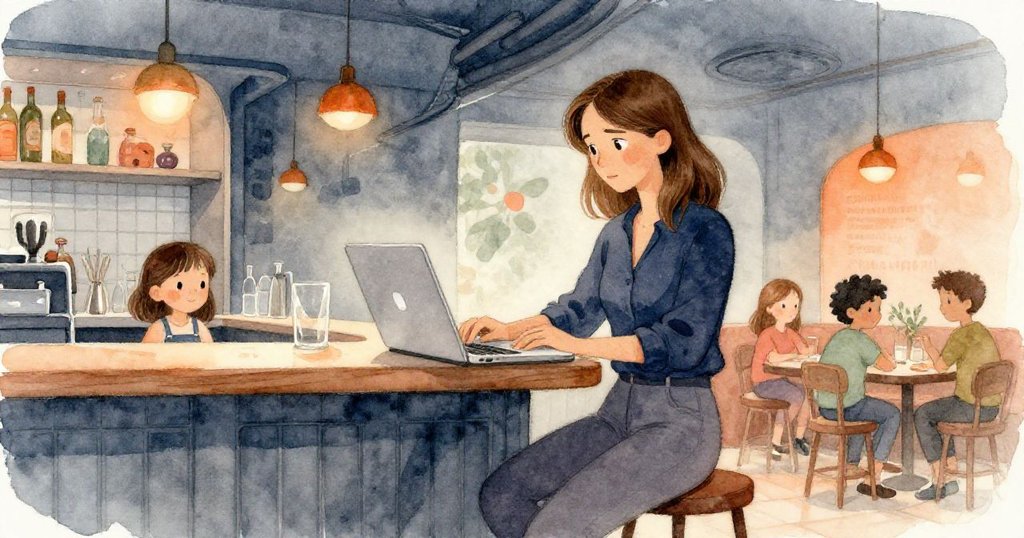 Tara 在現代酒吧內平衡筆記型電腦於桌緣，表情專注，背景呈現鋼製欄桿與暖橙光，場景充滿活力與細節。