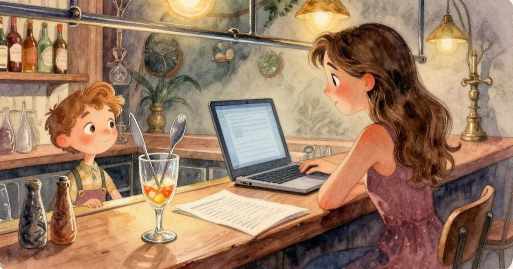 Tara 的手指輕觸筆記型電腦上古老平面圖，旁邊的銀色麵包盤細節豐富，展現出工作場景的溫暖與專注。