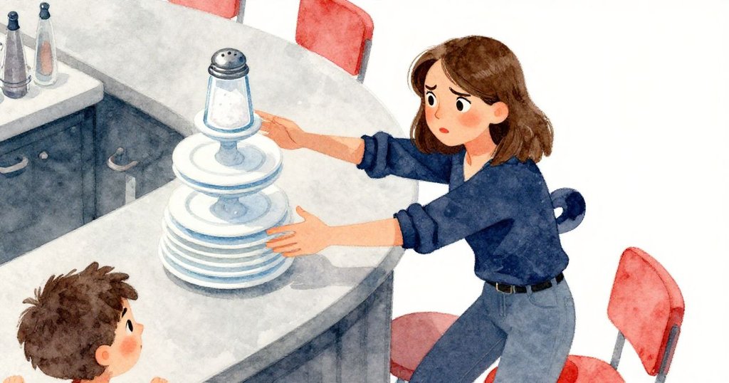 從高角度觀看，Tara 急伸手抓住即將滑落的鹽罐與雪白盤子，背景中呈現動態桌面細節，充滿緊迫感。