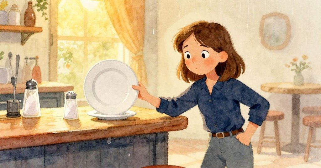 在溫暖的酒吧內，盤子輕推鹽罐向邊緣移動，外頭微雨和柔和陰影相襯，Tara 表情中流露出焦急。