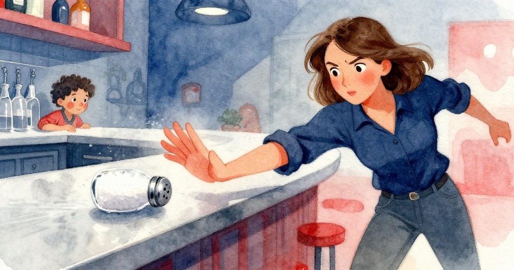 動態場景中，Tara 伸手猛制迅速滾動的鹽罐，燈光與陰影強烈，瞬間定格了即將失控的危險。