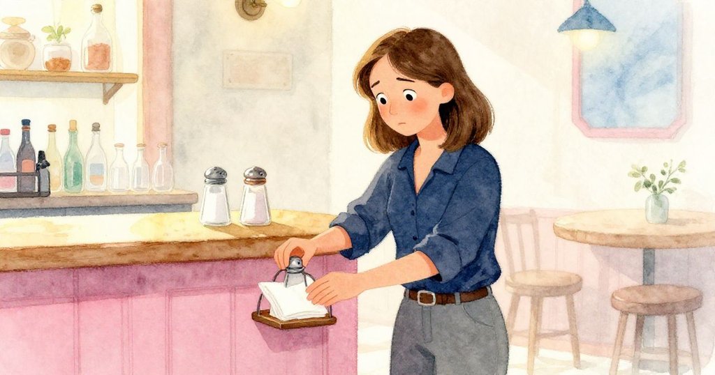 在平靜時刻，Tara 輕柔地將鹽罐放回紙巾盒旁，臉上流露出放鬆與喜悅，酒吧內部恢復整齊。