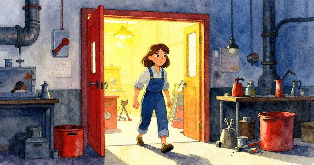 Gwen走進工坊，透過大門進入，表情堅定，外面冷光與室內暖燈交錯，展現故事開始。