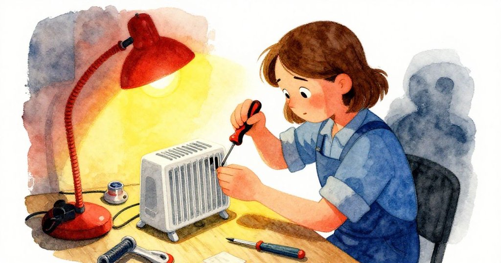 Gwen在工作台前拆解加熱器，捲起袖子用螺絲刀檢查內部，環境充滿工具與溫暖燈光，故事發展中。