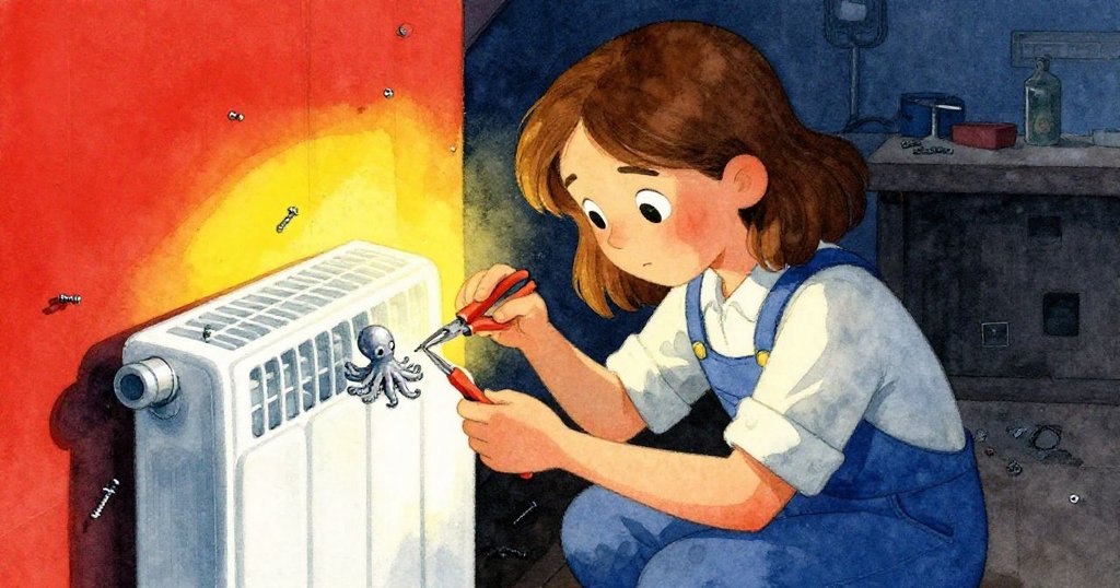 Gwen發現加熱器內隱藏的銀色章魚飾品，用鑷子小心夾取，神情驚奇，工坊細節豐富，進入轉折點。