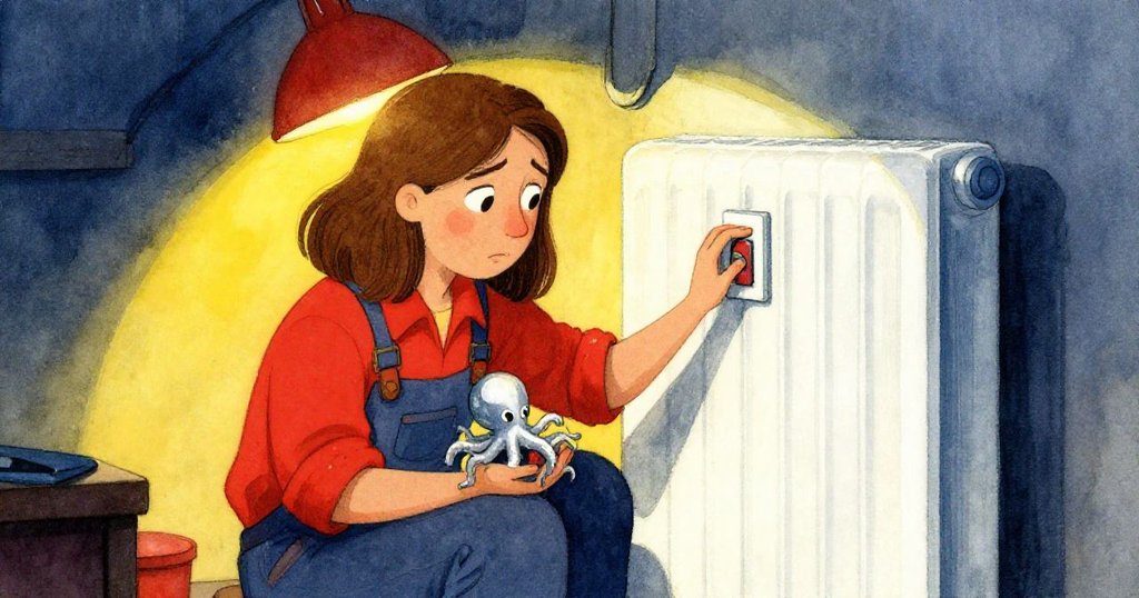 Gwen面對修理抉擇，手懸開關且握著銀章魚飾品，神情猶豫充滿掙扎，工坊燈光柔和，情節緊張。