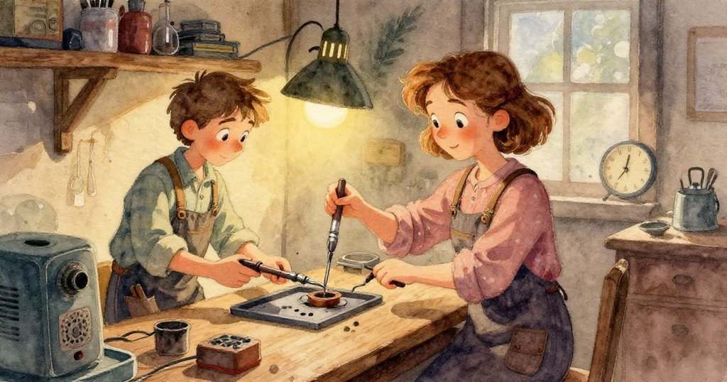 Gwen手掌中精緻銀章魚飾品在溫燈映照下閃耀，工坊背景模糊，情節漸入平靜結尾。