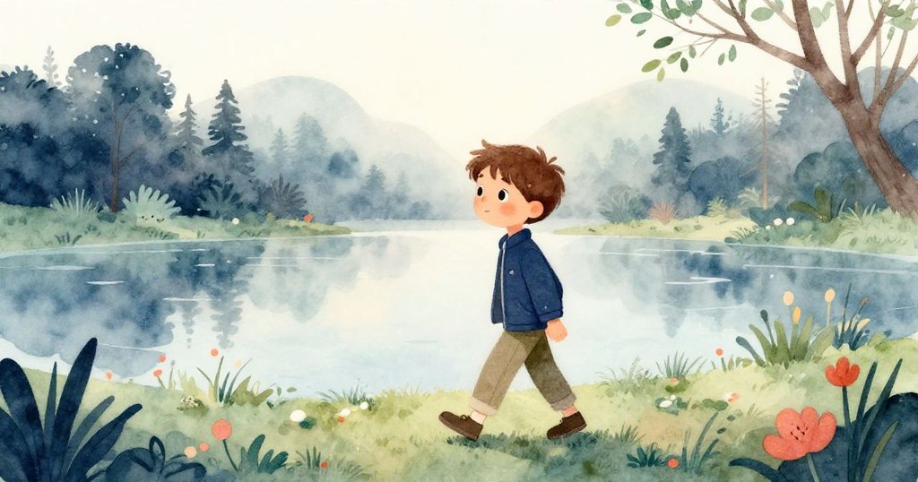 Felix在晨霧中沿著寒冷的池塘邊散步,神情溫和,背景有稀疏的蘆葦和柔和的晨光,展現開端的平和氣氛