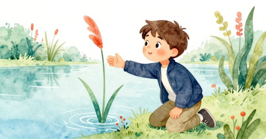 Felix在池塘邊跪下伸手觸摸一根象徵希望的蘆葦,表情專注,周圍環境靜謐,展開故事發展