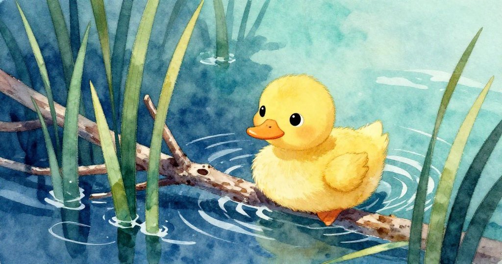 小鴨在蘆葦叢中掙扎,一根斷枝橫在前方,水面起伏不定,展現困境與轉機的發展情節