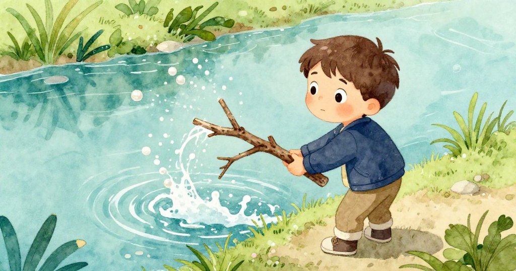 從高處視角看Felix在池邊調整斷裂樹枝,水花四濺,神情專注迎來轉折,表現故事發展的高潮