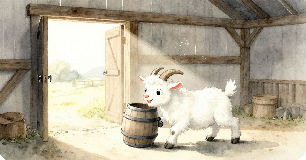 比利小山羊在寧靜穀倉內推動輕桶，晨光透過開門灑入，展現出活潑而溫暖的探險情景。