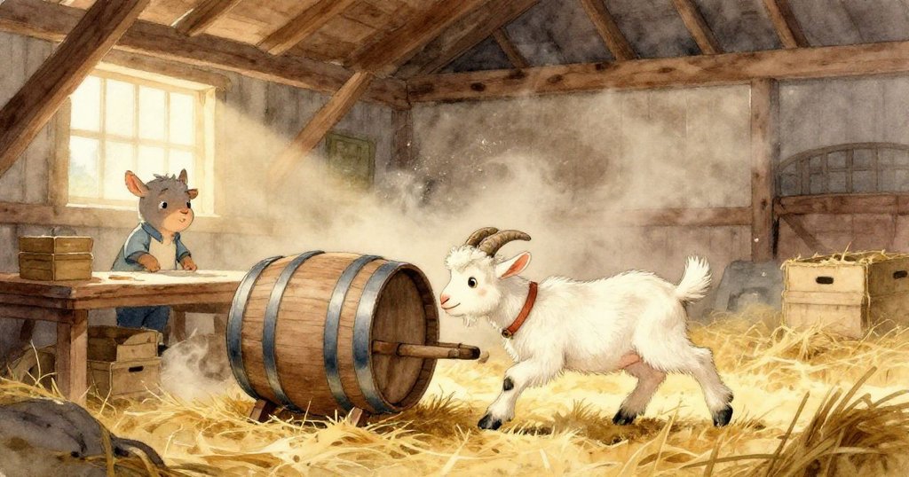 比利小山羊的一隻蹄子輕觸桌上折疊計劃書和筆記，穀倉角落散發出溫柔好奇的氛圍。