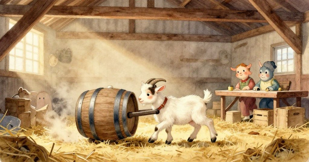 比利小山羊凝視著水坑中滾動輪子的倒影，穀倉光影柔和呈現出充滿神奇的瞬間。