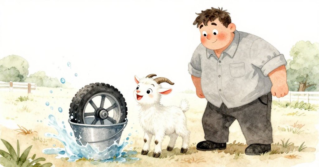 瑞利舉著水桶接住滾動輪子，比利興奮注視水花四濺，鄉村場景中洋溢著喜悅與成功。