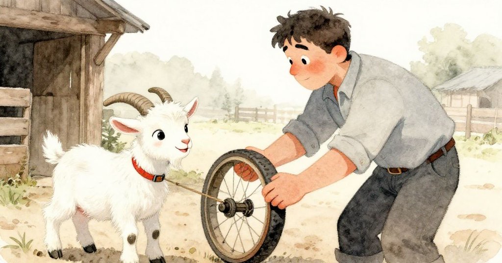瑞利溫柔地將找回的輪子遞給比利小山羊，象徵著冒險與友誼，溫暖鄉村場景充滿感激與希望。